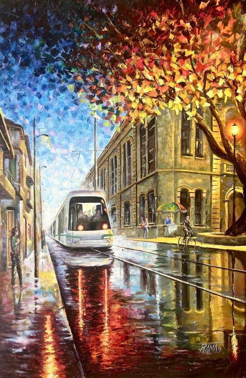Pintura al óleo de calle lluviosa con tranvía